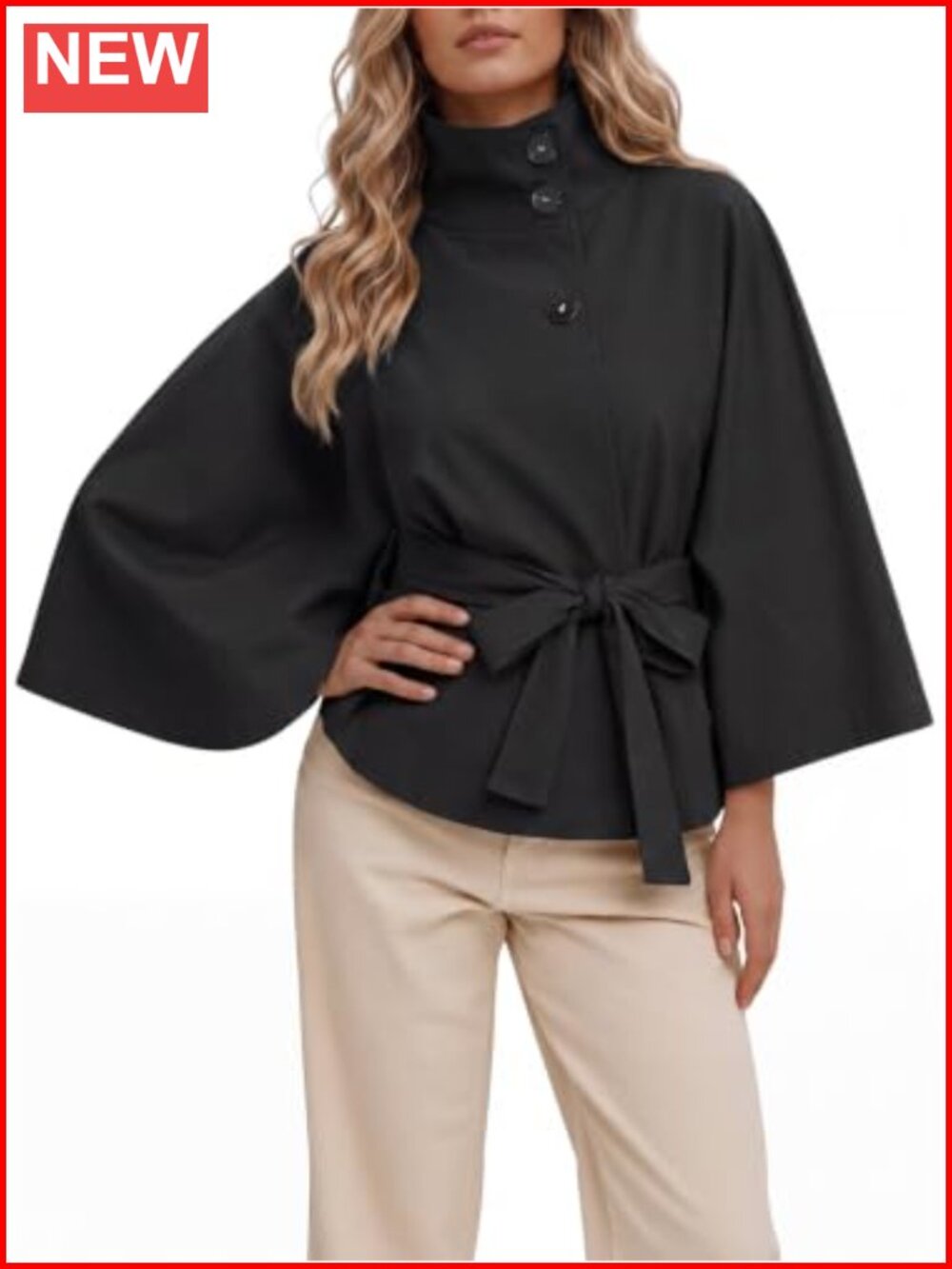 Cropped Trench Coat Cape Sleeve Funnel Neck Belted Jacket